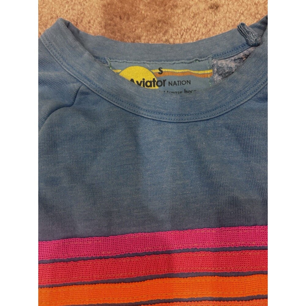 Aviator Nation Small Blue Crewneck Sweatshirt with Neon Stripes - Picture 4 of 7